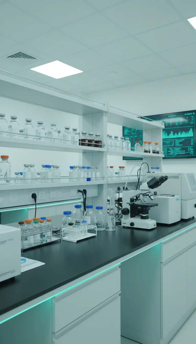 Modern research laboratory with shelves of sample vials, a microscope and analysis screens